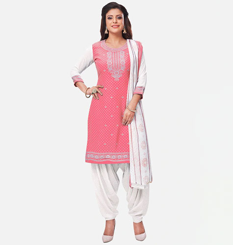 Pink & White Printed Unstitched Dress Material